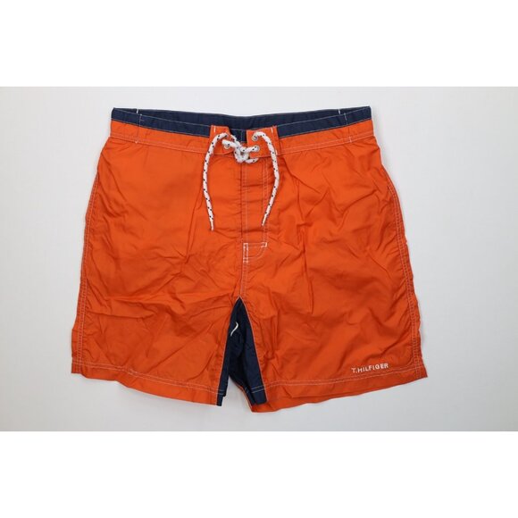 Vtg 90s Tommy Hilfiger Mens Medium Spell Out Above Knee Lined Shorts Swim Trunks - Picture 1 of 11